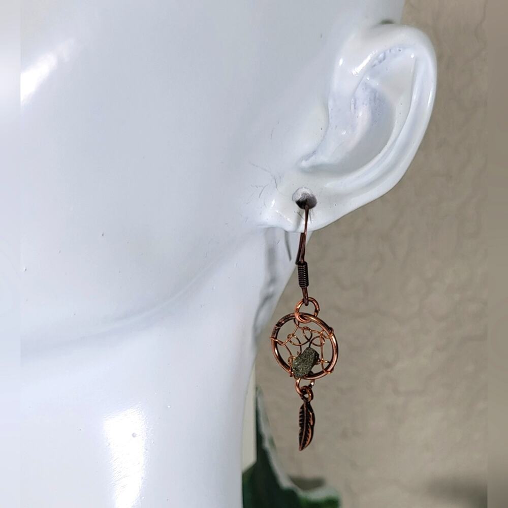 Copper Dreamcatcher Earrings with Gray Stone Accent - Picture 3 of 6